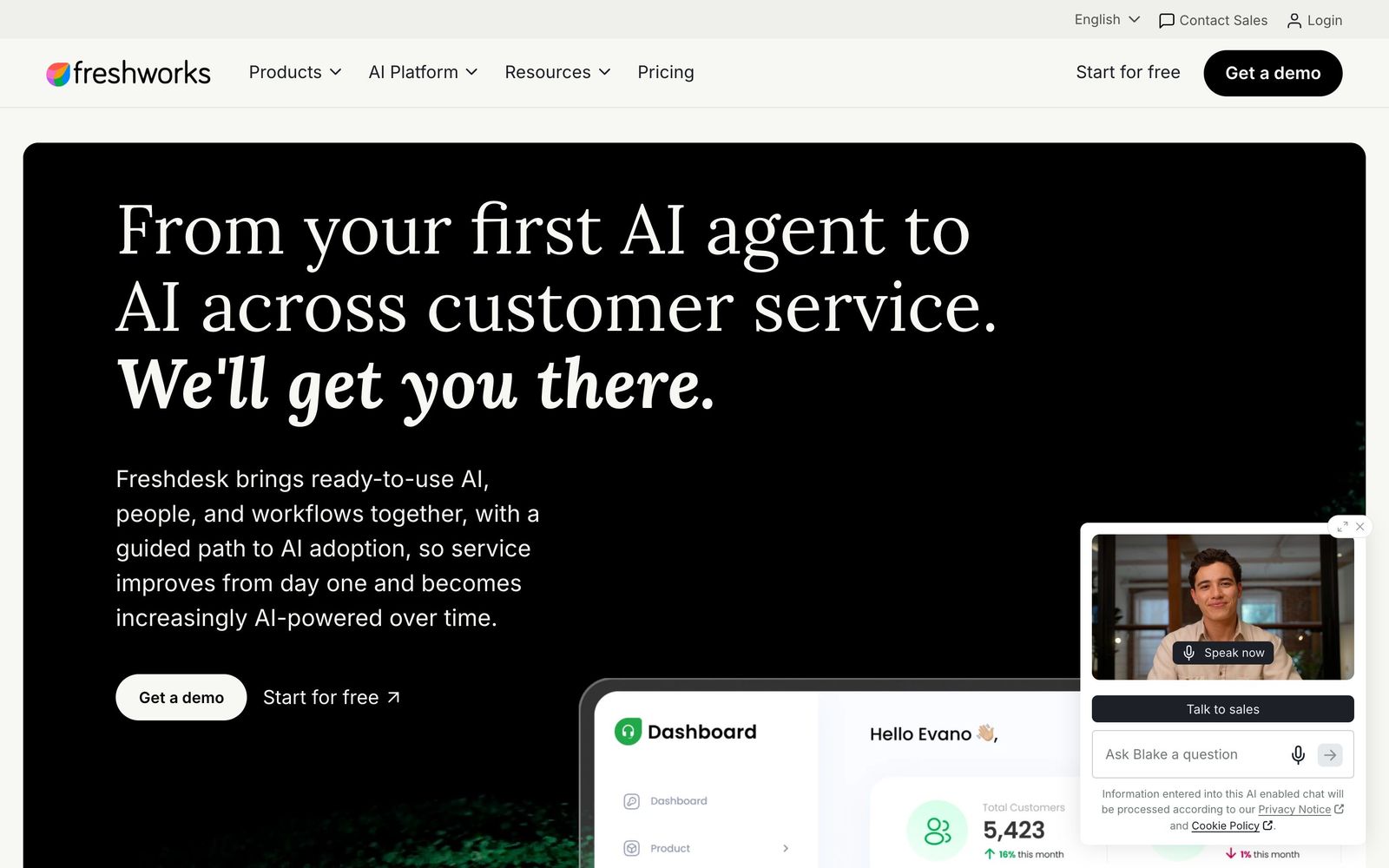 Freshdesk website, homepage