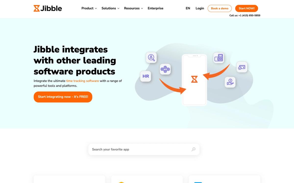 Jibble, integrations page screenshot