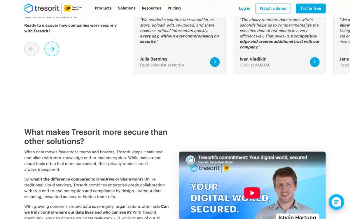 Tresorit, product overview page screenshot