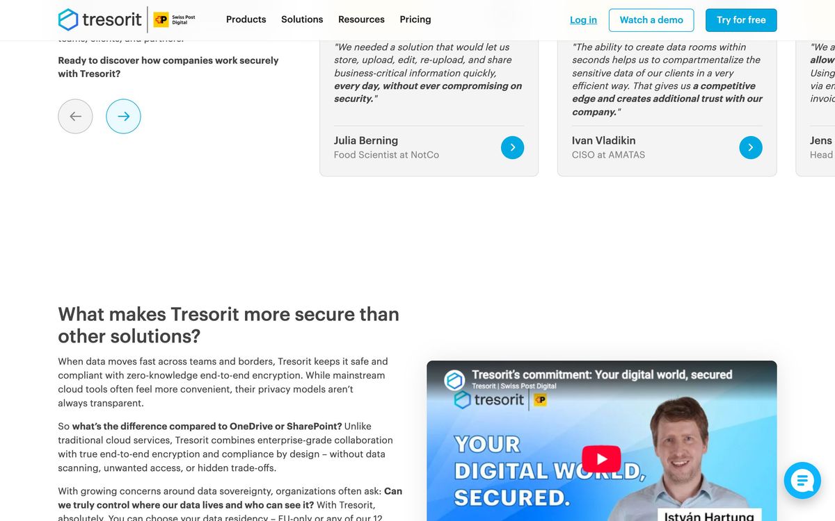 Tresorit, product overview page screenshot