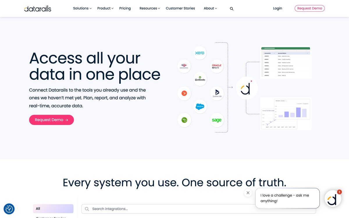 Datarails, integrations page screenshot