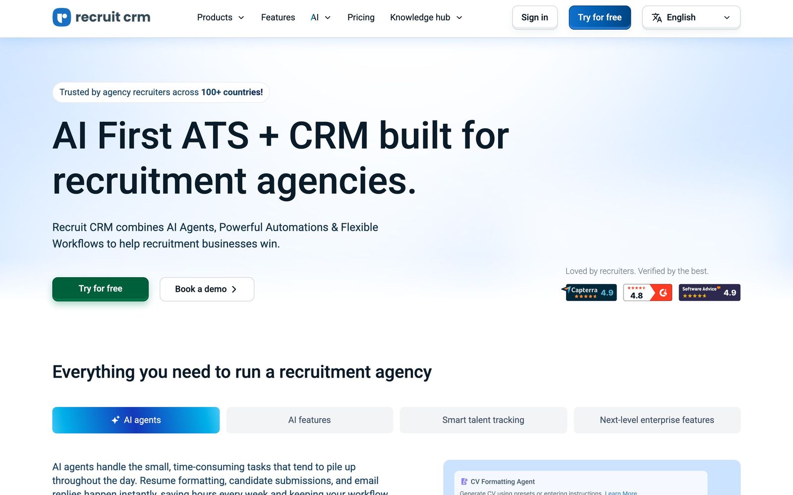 Recruit CRM website: homepage