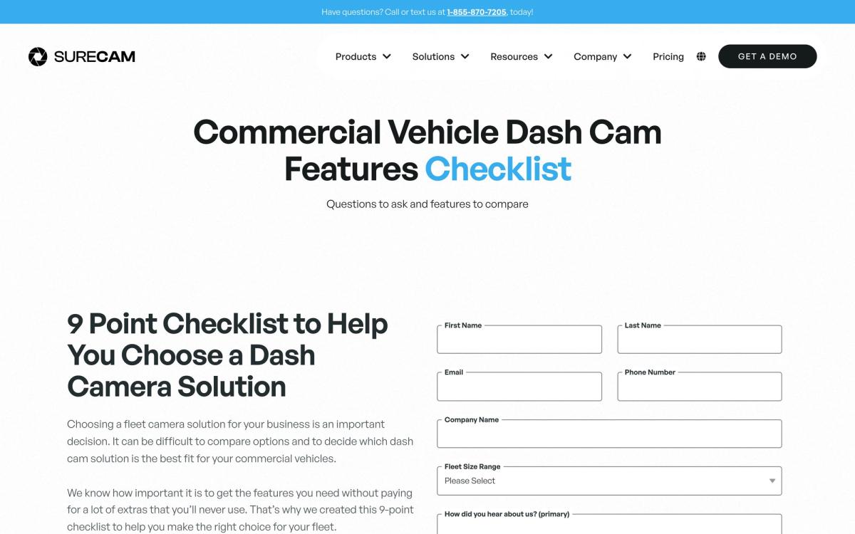 SureCam, features page screenshot