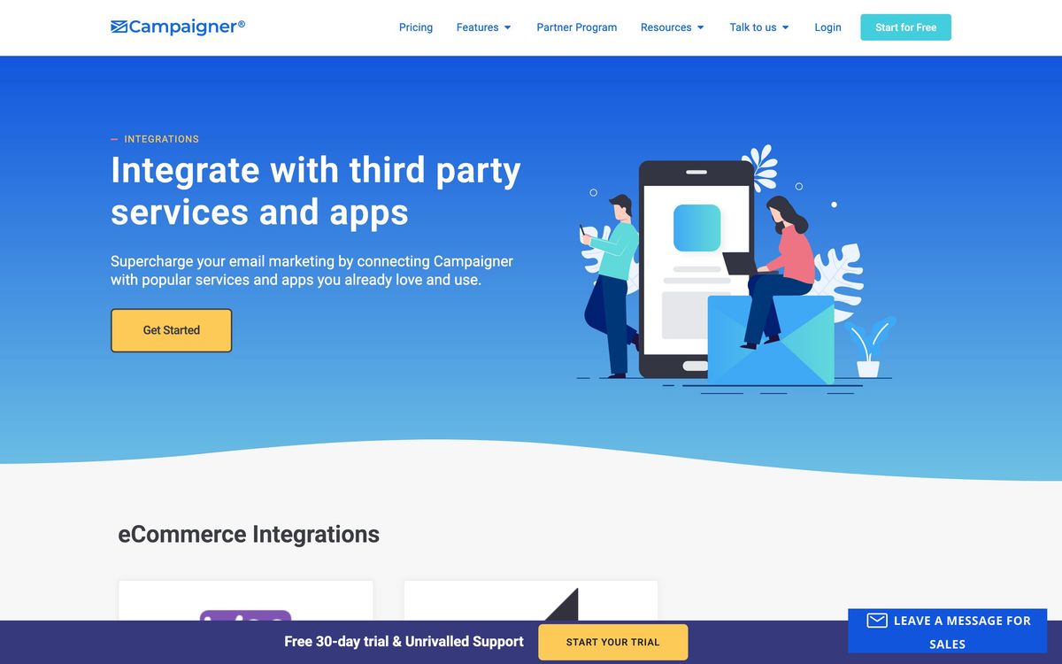 Campaigner, integrations page screenshot