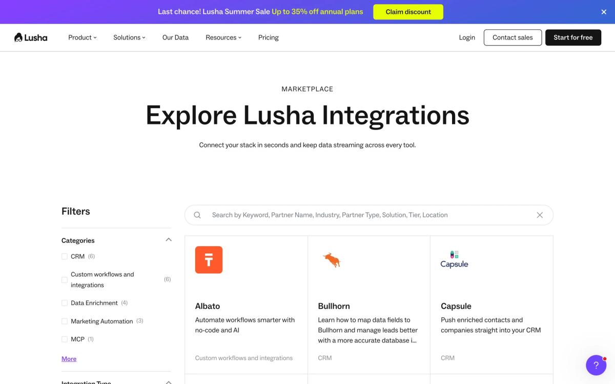 Lusha, integrations page screenshot