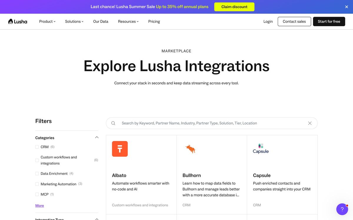 Lusha, integrations page screenshot