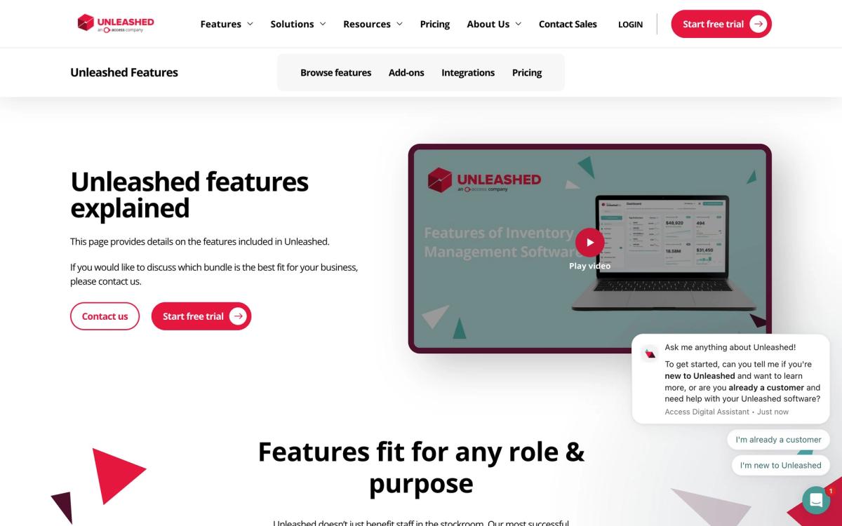 Unleashed Software, features page screenshot