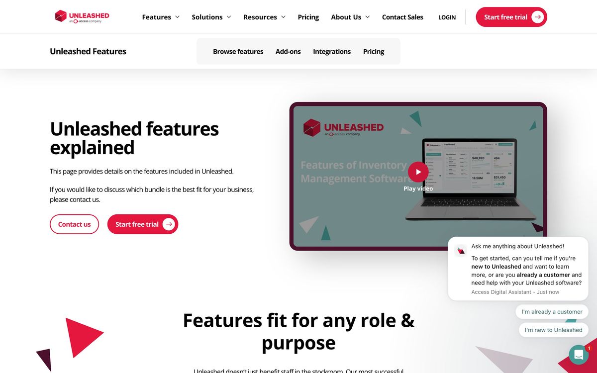 Unleashed Software, features page screenshot