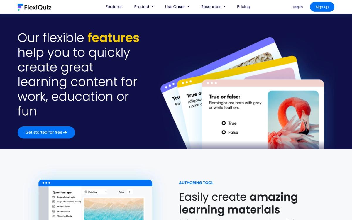 FlexiQuiz, features page screenshot