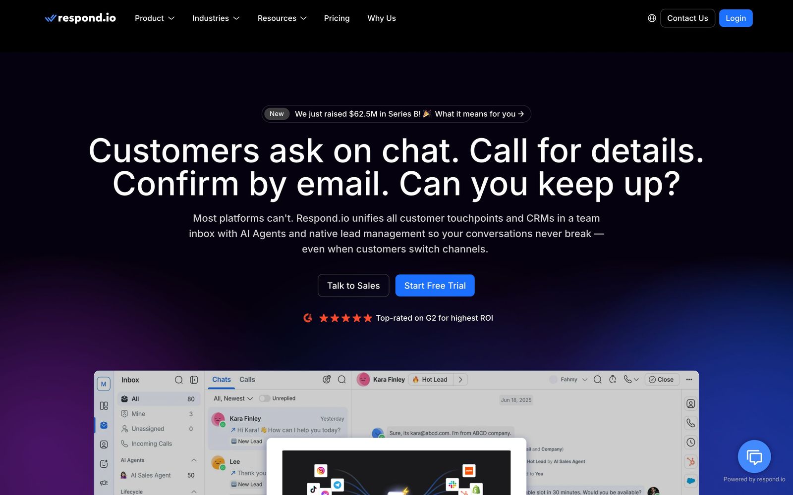 respond.io website, homepage