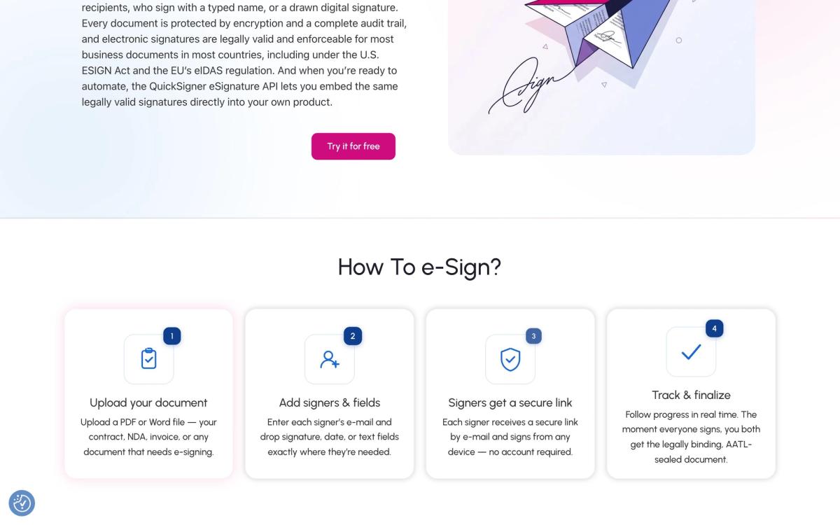 QuickSigner, product overview page screenshot