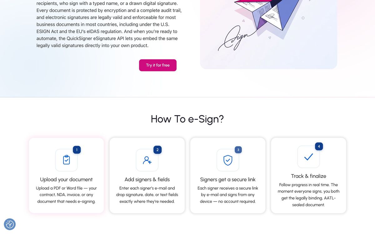 QuickSigner, product overview page screenshot