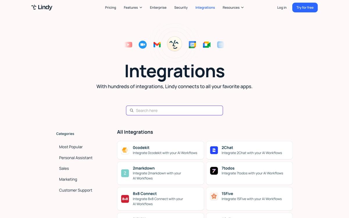 Lindy: integrations page screenshot