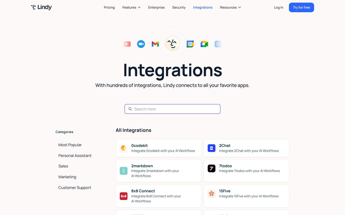 Lindy: integrations page screenshot
