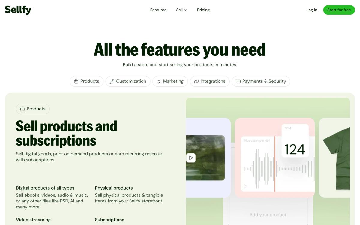 Sellfy, features page screenshot
