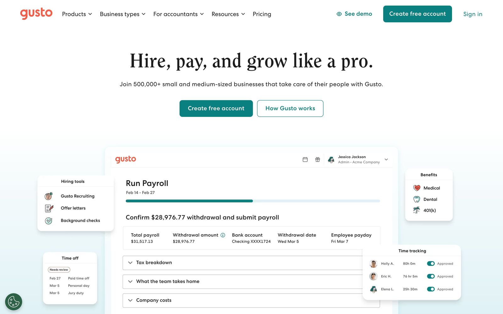 Gusto website, homepage