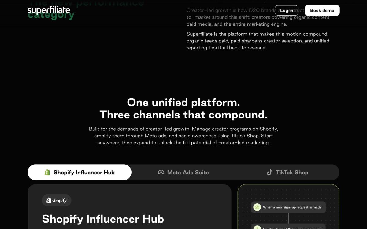 Superfiliate, product overview page screenshot