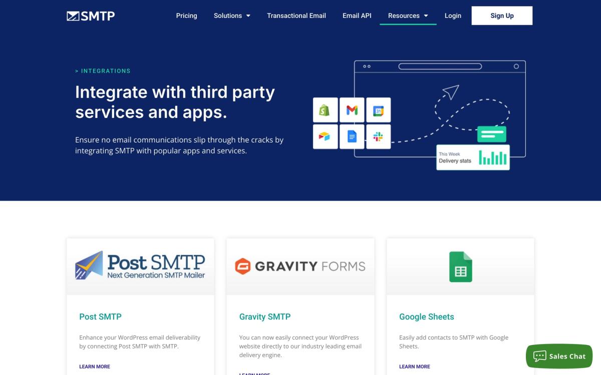 SMTP.com, integrations page screenshot