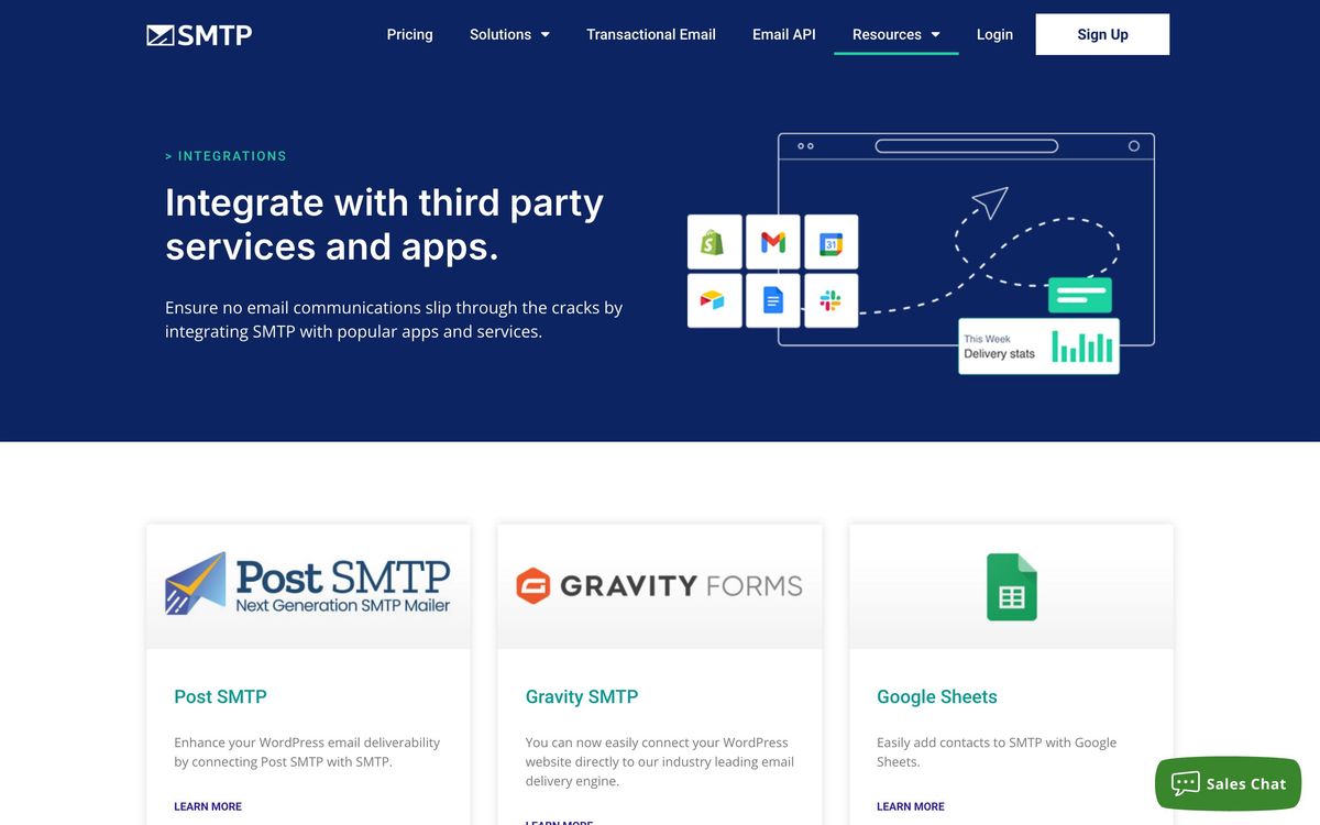SMTP.com, integrations page screenshot