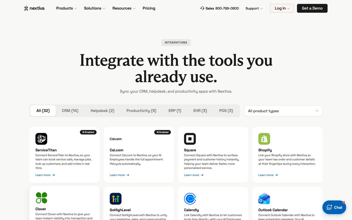 Nextiva, integrations page screenshot