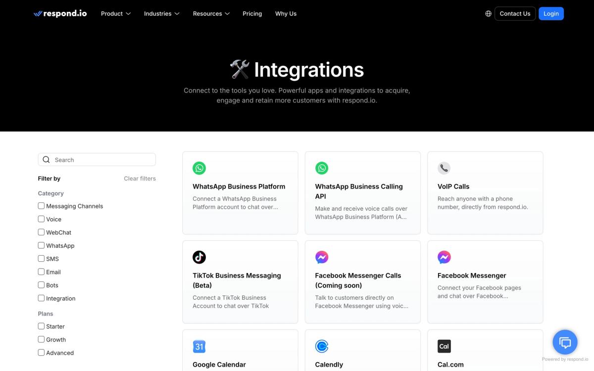 respond.io, integrations page screenshot