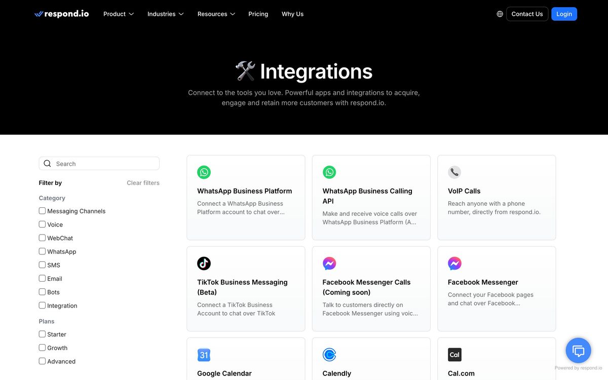 respond.io, integrations page screenshot