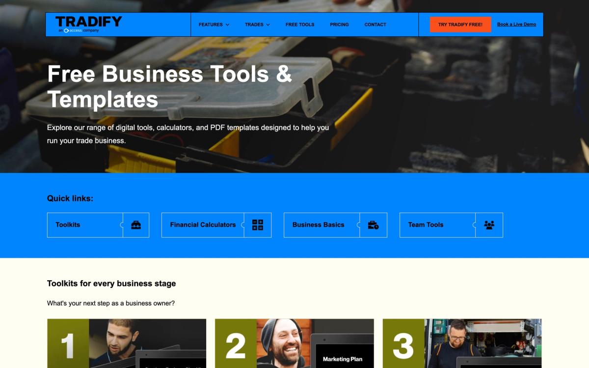 Tradify: templates page screenshot