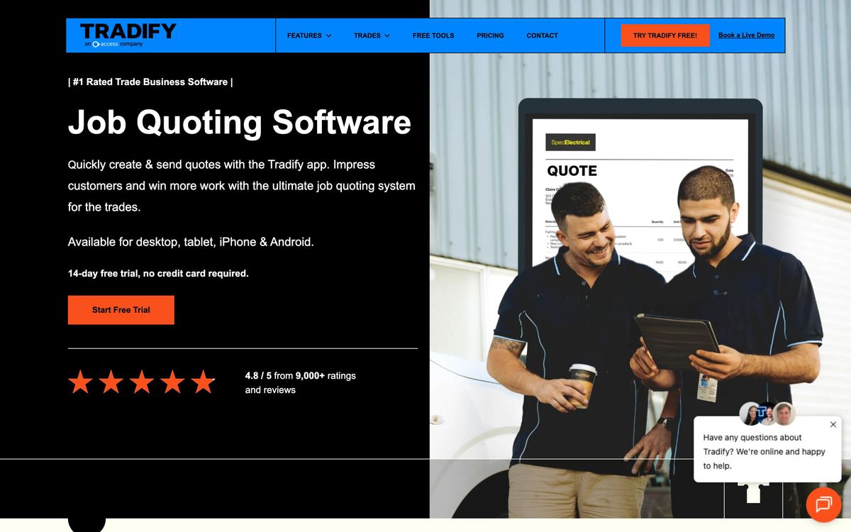 Tradify: features page screenshot