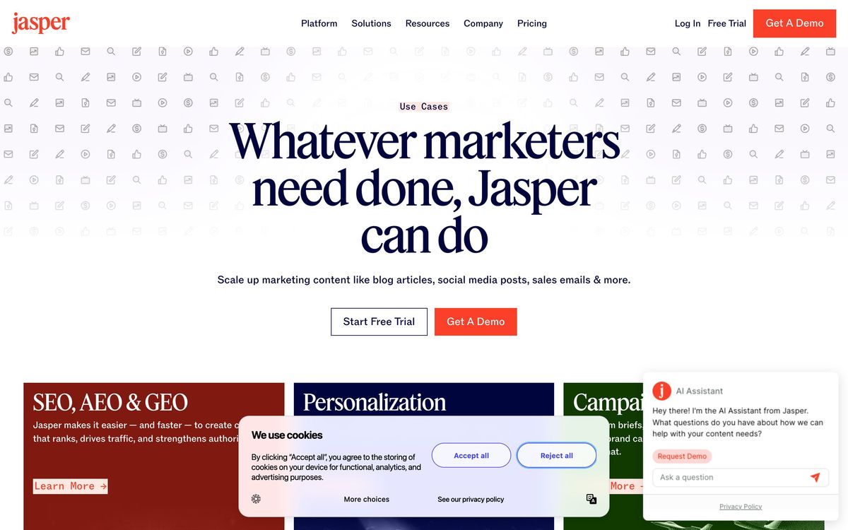 Jasper AI: use cases page screenshot