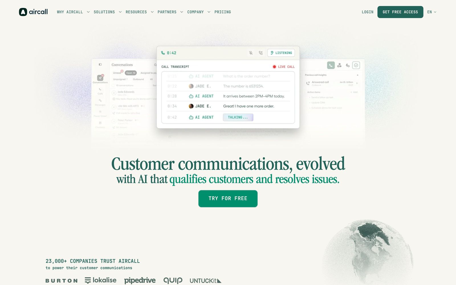 Aircall website, homepage