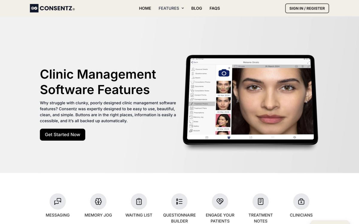 Consentz, features page screenshot