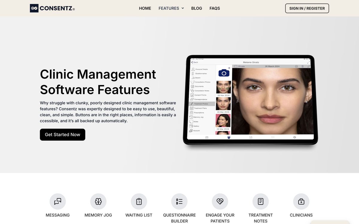 Consentz, features page screenshot