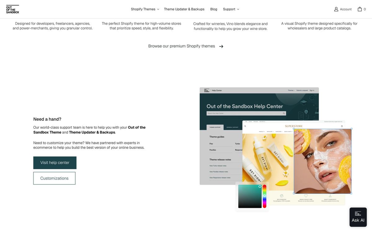 Out of the Sandbox, product overview page screenshot