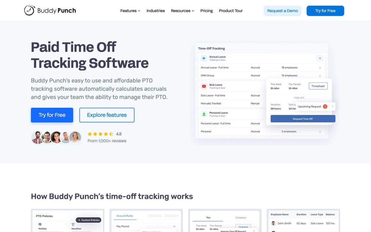 Buddy Punch, features page screenshot