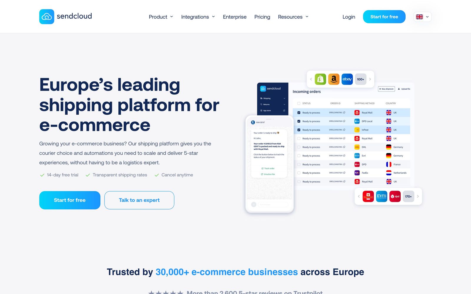 Sendcloud website, homepage
