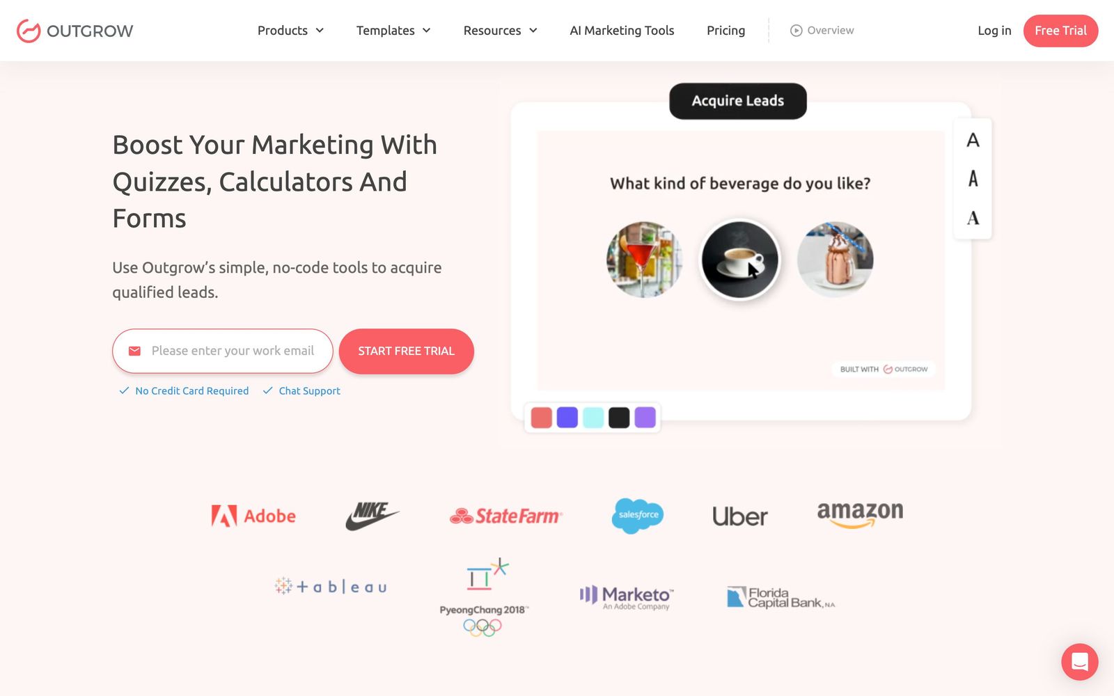 Outgrow website, homepage