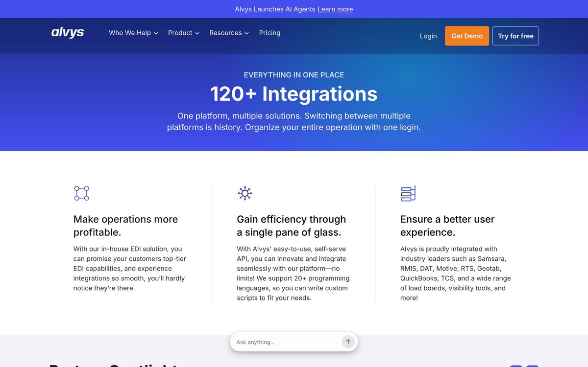 Alvys, integrations page screenshot