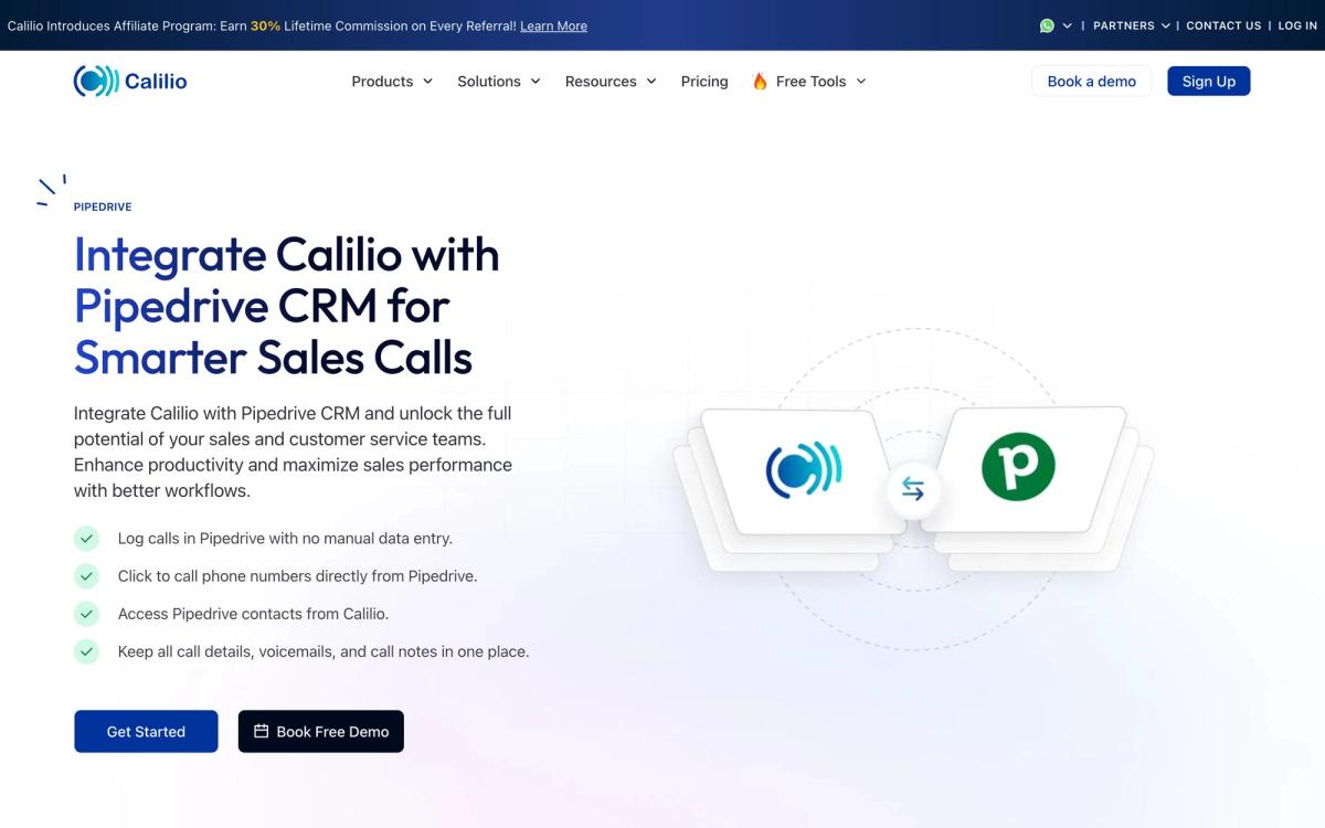 Calilio: integrations page screenshot
