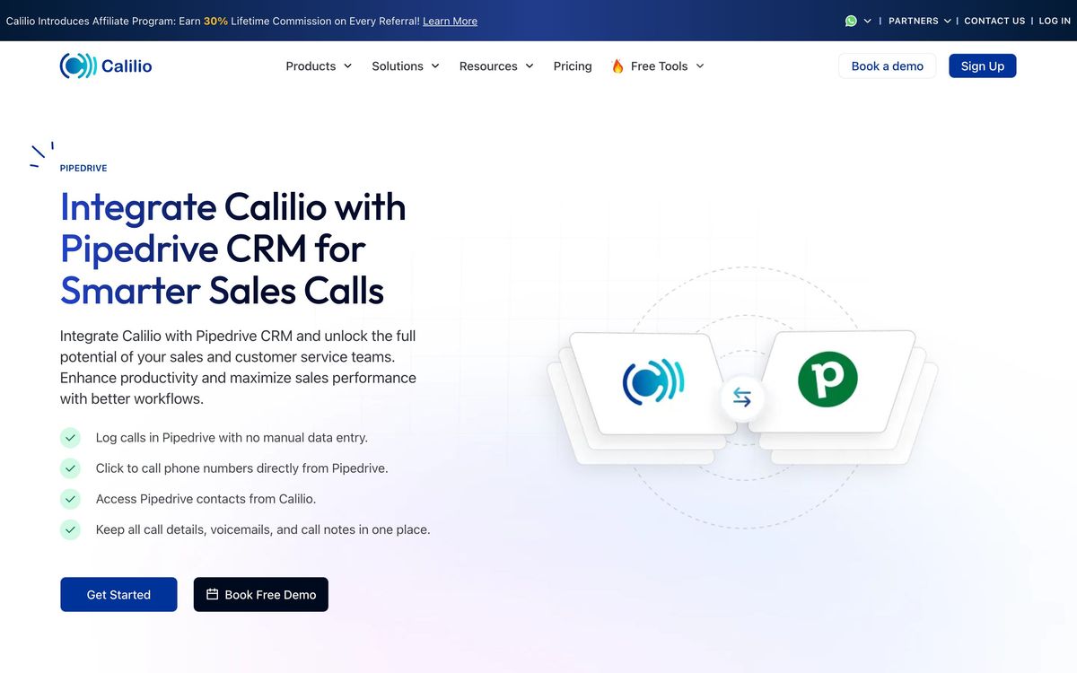 Calilio: integrations page screenshot