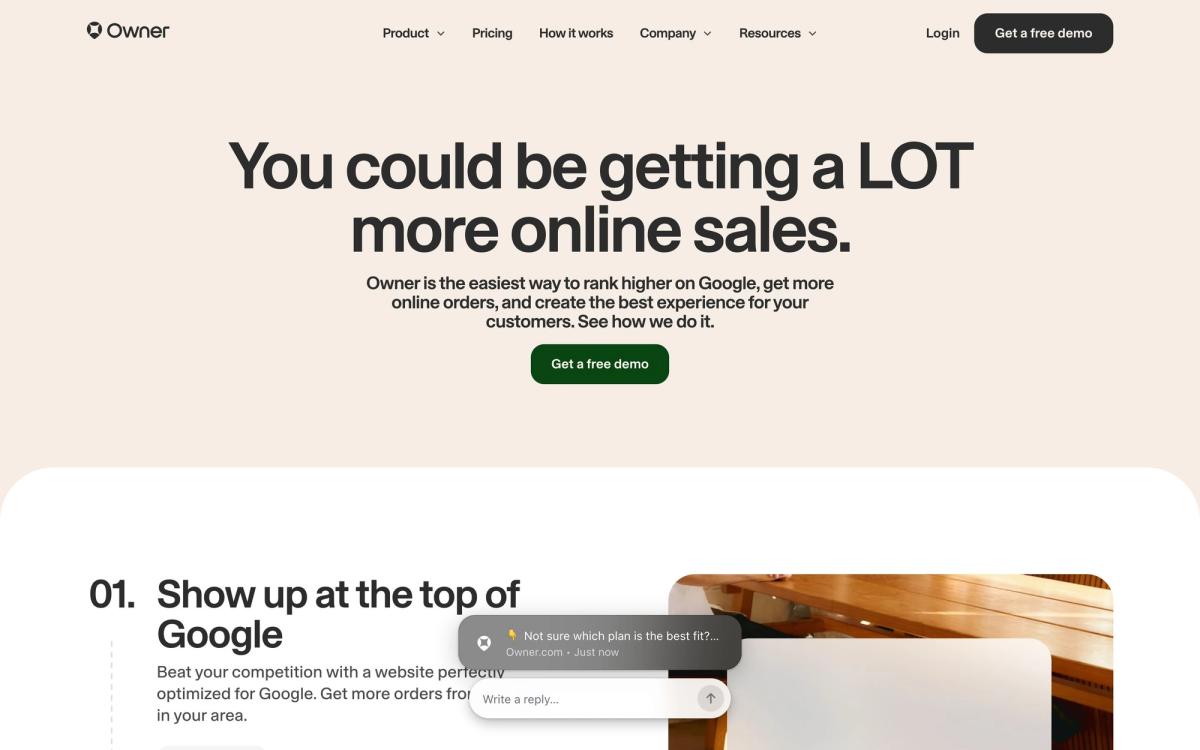 Owner.com, how it works page screenshot