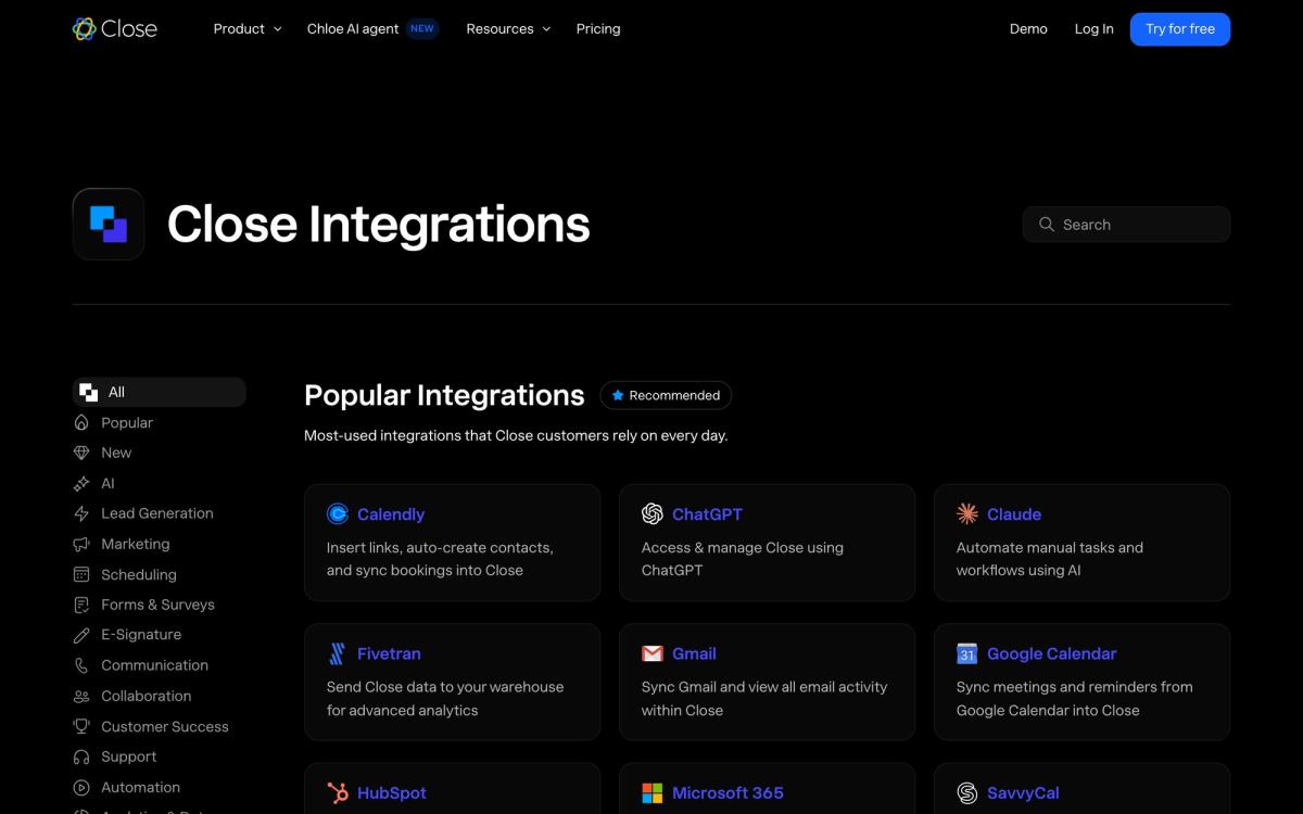 Close: integrations page screenshot