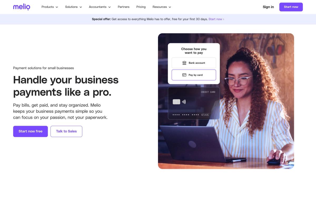Melio: solutions page screenshot