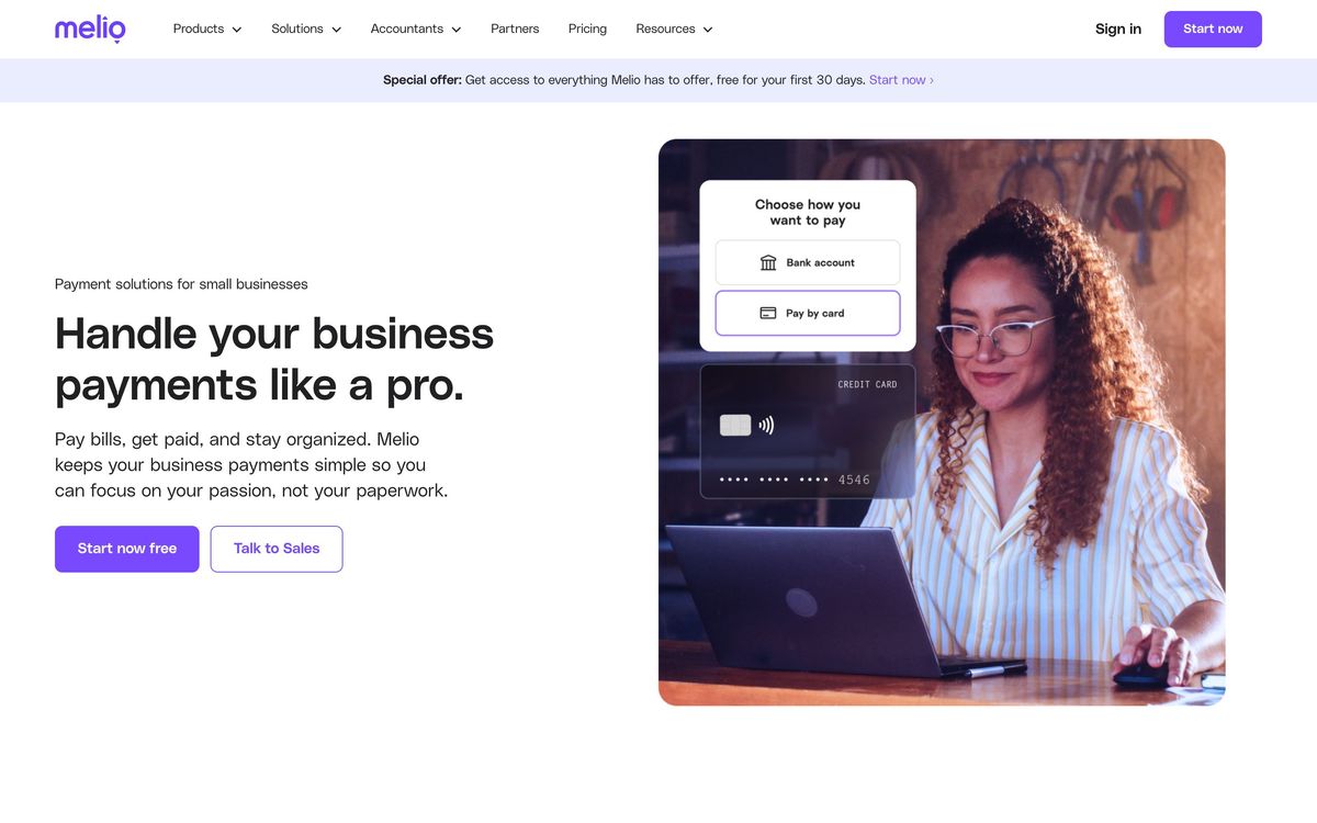 Melio: solutions page screenshot