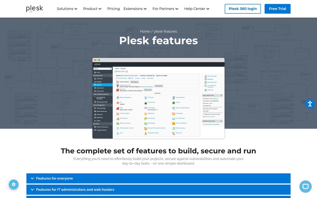 Plesk: features page screenshot
