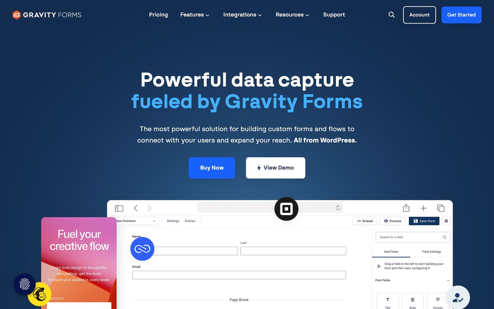 Gravity Forms website, homepage