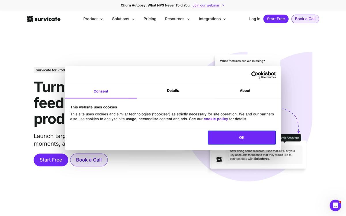 Survicate, product page screenshot