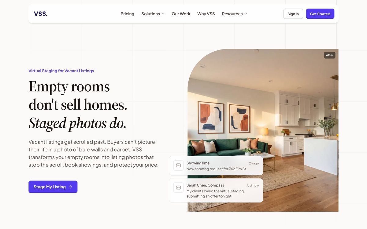 Virtual Staging Solutions: solutions page screenshot