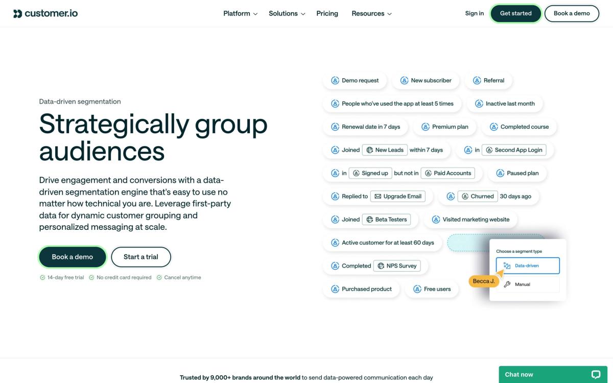Customer.io, features page screenshot