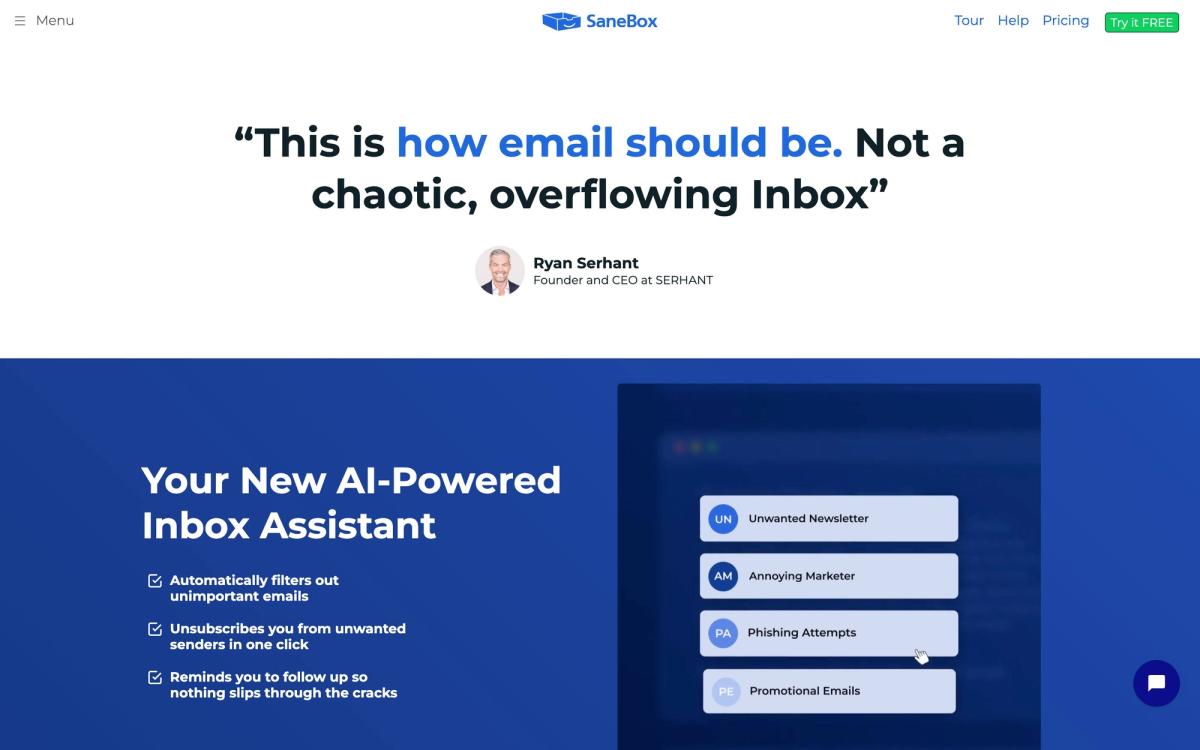 SaneBox: product overview page screenshot