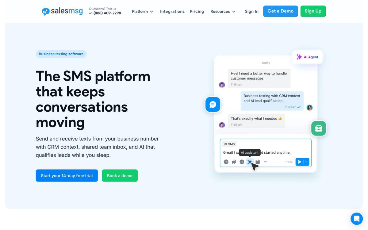Salesmsg, product page screenshot